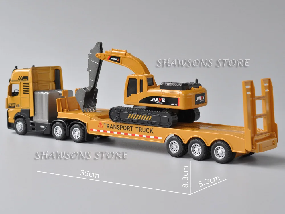 1:50 Scale Diecast Model Truck Toy Tractor and Flatbed Semi-Trailer With Excavator Miniature Replica