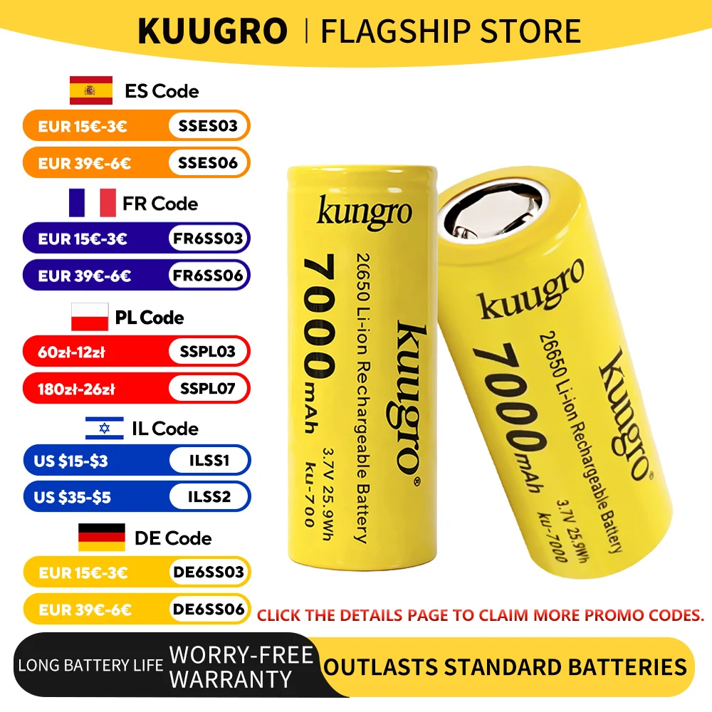 

1-20pcs Kuugro 26650 3.7V 7000mAh 35A power Rechargeable lithium battery 26650 Suitable for Flashlight batteries