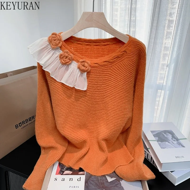 

3d Flowers Knitted Pullover Sweater Women Autumn Winter Fashion Baw Long Sleeve Round Neck Soft Comfortable Casual Knitwear Tops