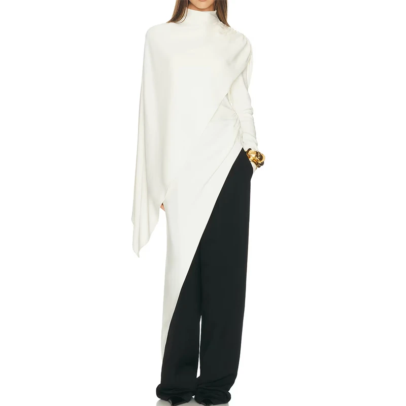 High-quality, fashionable, casual, irregular double-layered turtleneck top, stylish casual shawl-style shirt, faux two-piece set