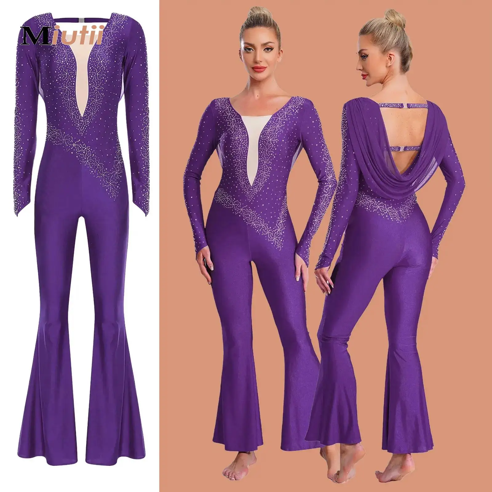 

Женские комбинезоны для латинских танцев, сетчатая накладка с рюшами, длинные брюки-клеш, комбинезон, балетная ча-ча, современная танцевальная одежда для сценических соревнований