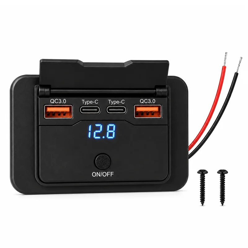 4 Ports 12-24V RV USB Type C Aux Onboard Charger Socket Dual QC3.0 PD Fast Charging Voltage Meter Switch
