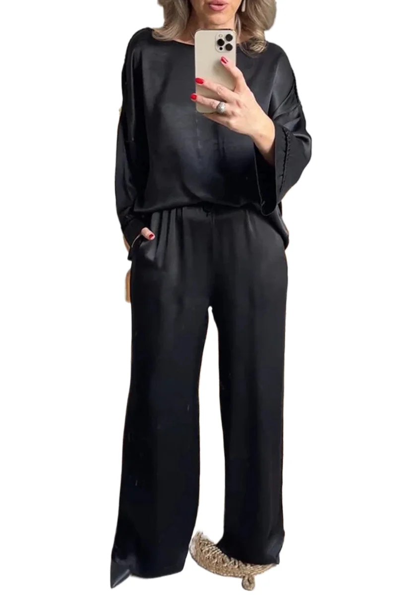 

Women's Fashion Solid Satin Two Piece Sets New Spring Autumn Long Sleeve BlouseTop And Long Pants Suits Elegant Loose Outfits