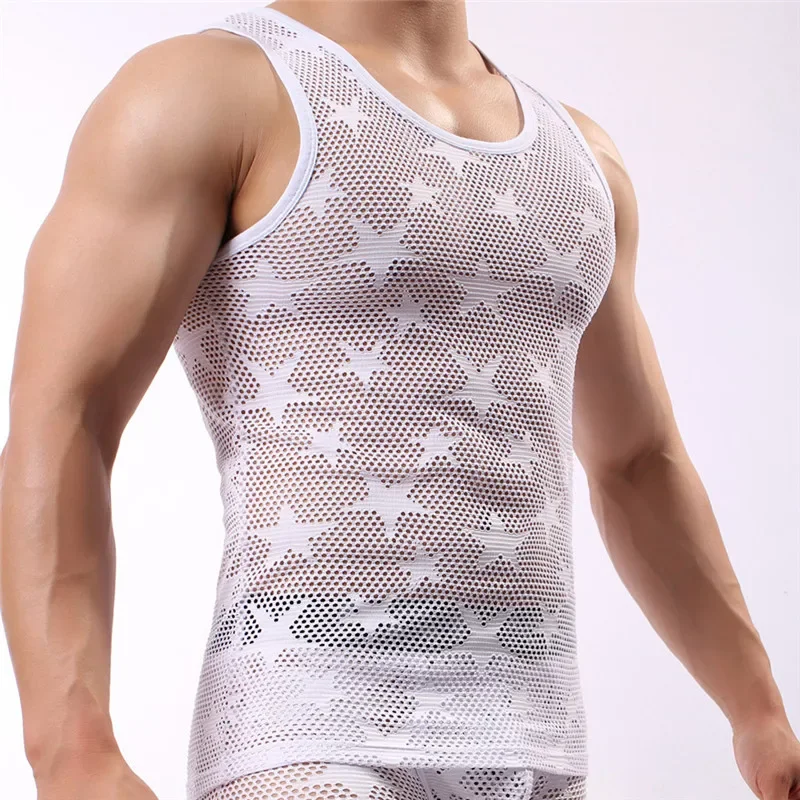 Mens Undershirts Sleeveless Gay Transparent Solid Tops Tees Vest Mesh Sexy Male Shirt Men Summer Wear Undershirts