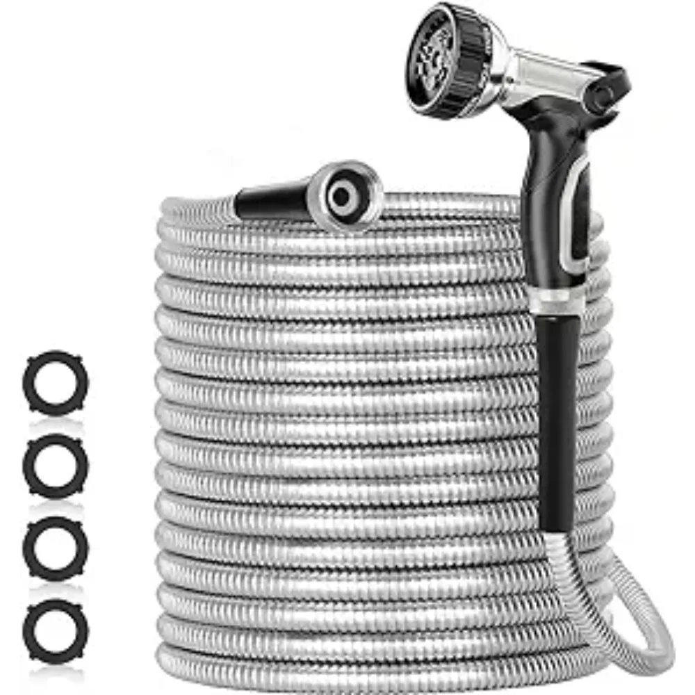 

Garden Hose, 50ft 304 Stainless Steel Garden Hoses Metal, Heavy Duty Water Hoses with Nozzles, Never Kink & Tangle, Garden Hose