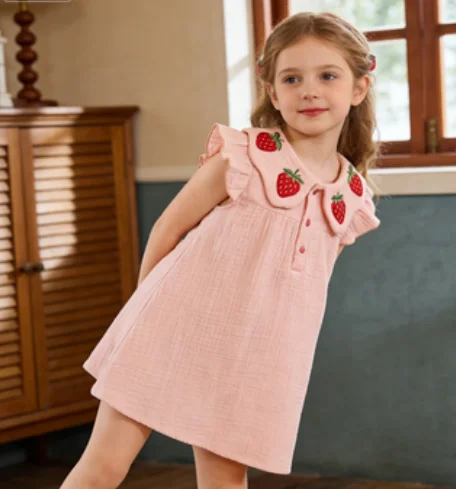 

Girls' Dress Summer New Style Baby Strawberry Flying Sleeves Soft Princess Fashion and Cute Kids Skirt