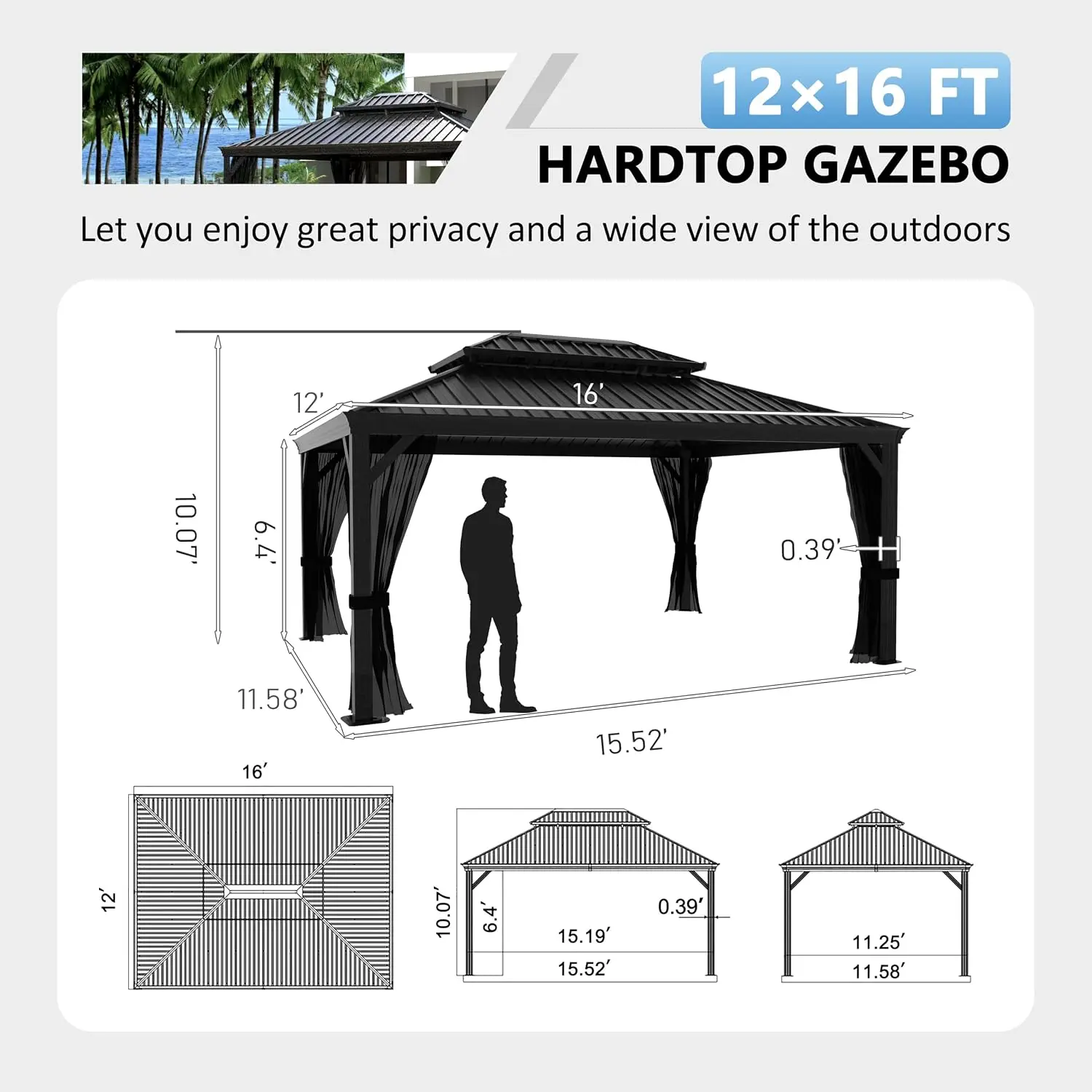12×16 FT Outdoor Hardtop Gazebo with Metal Double Roof, Permanent Gazebo Tent, Heavy Duty Shade Structure with Drainage, Custom