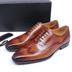 2024 Classic Mens Oxford Dress Shoes Real Leather Brogue Wingtip Lace Up Black Brown Office Business Formal Shoes for Men