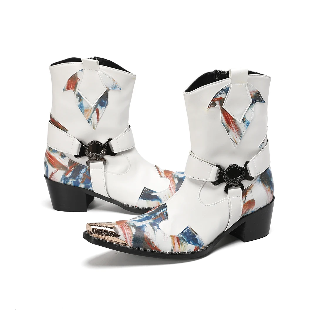 Luxury Brand Prints Patchwork Men Boots Metal Pointed Toe High Heel Punk Boots Genuine Leather Winter Cool Shoes