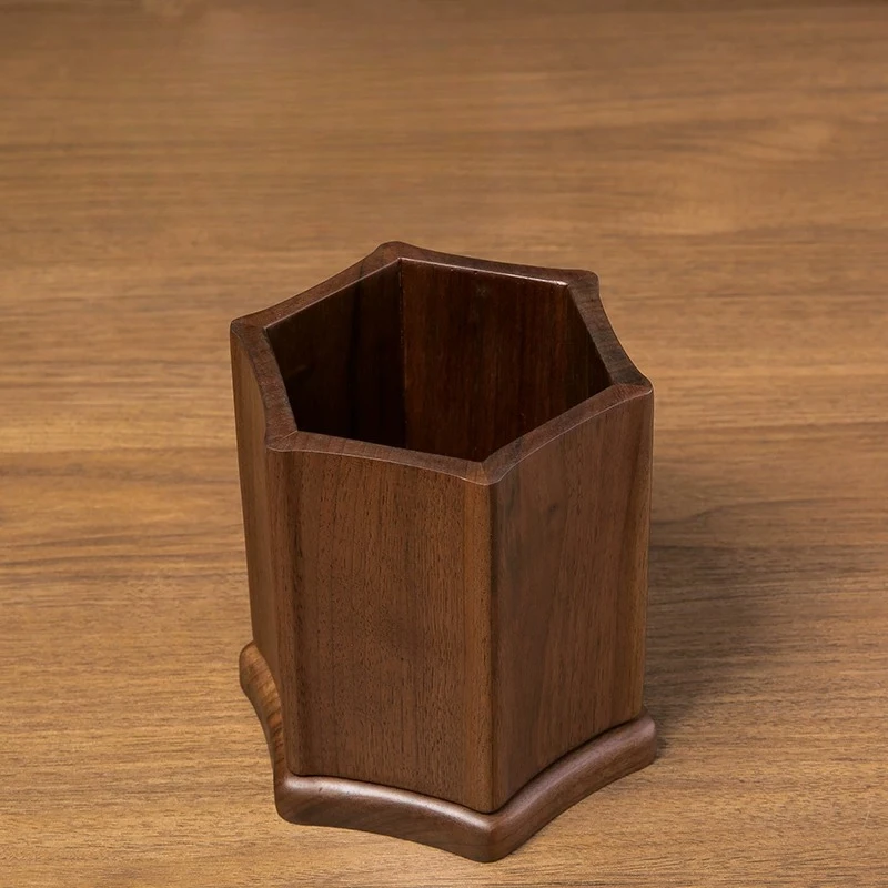 ✨ Walnut Wood Rotating Pen Holder Desk Organizer Pencil Organizer Hexagonal 360 Office Desktop Wooden Storage Supplies Aesthetic