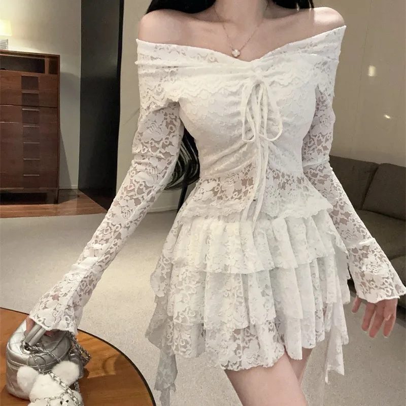 

Elegant Lace Long Sleeve High Waist Half Skirt Set Pure Desire One Shoulder Bow Tie Spring New Arrival Women's Fashion Set