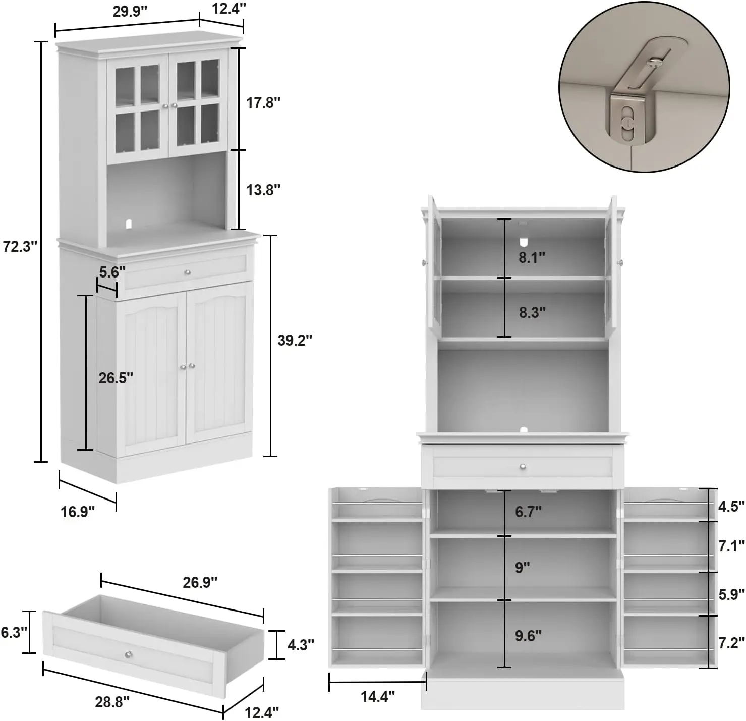 Ecacad-Garde-manger de cuisine avec 4 portes, MEL&, étagères réglables, armoire de rangement en bois avec portes en acrylique, cuisine autoportante