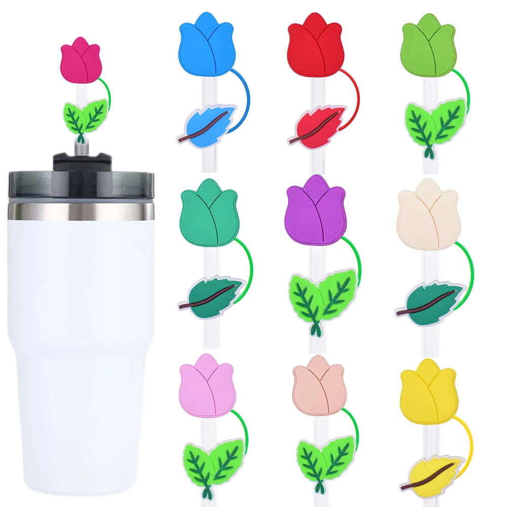 

1-10pcs tulip Straw Cover Cap Cartoon 10MM Drink Straw Plug Reusable Splash Proof Drinking Fit Cup Straw Cap Charms Pendant Gift