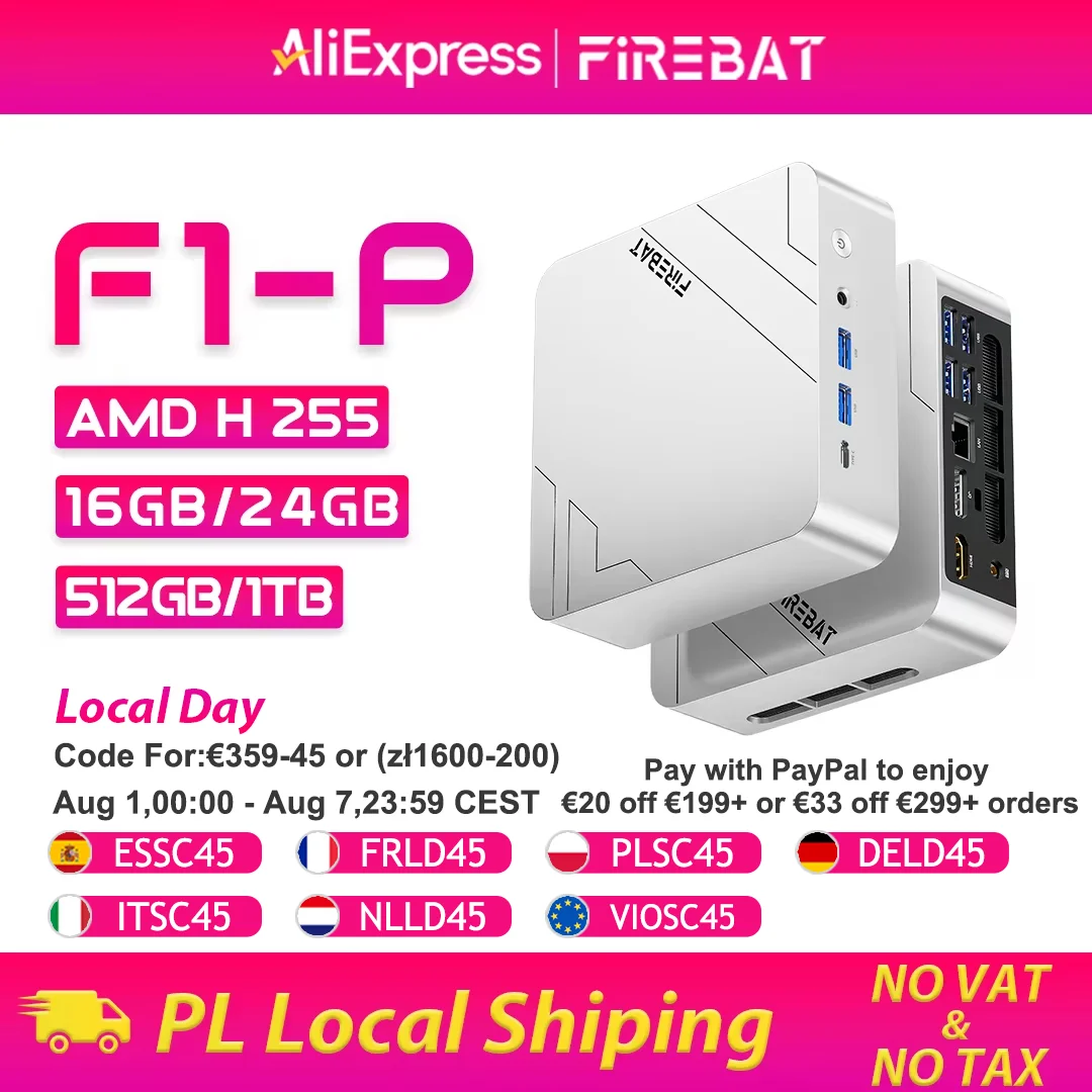 Firebat Mini PC F1 P AMD Ryzen 7 H 255 DDR5 16GB 24G 512GB 1TB SSD Windows 11 Pro Mini ordinateur de bureau de jeu Wi-F…