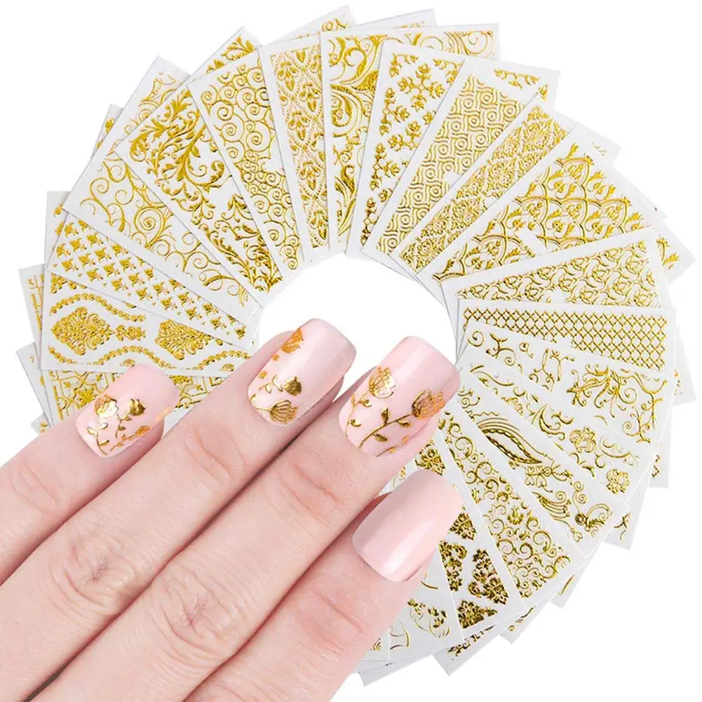 30pcs 3D Gold Flowers Nail Art Sticker, 30 Sheets Metallic Flowers Vine Nail Decals Sticker 3D Flower Lace Nail Adhesive Sticker