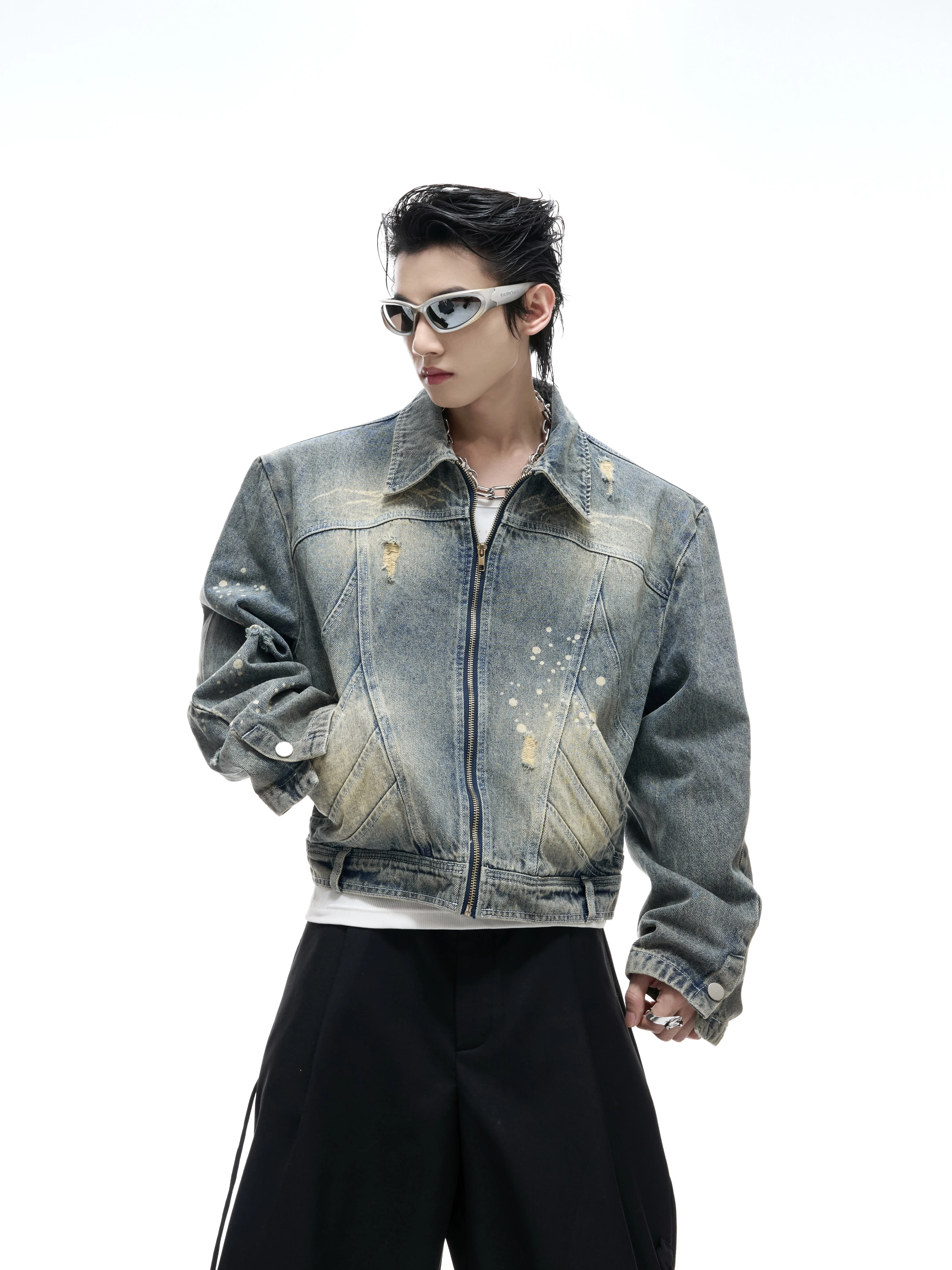 Male Hole Short Style Denim Jackets 2025 Men's Autumn New Loose Fit Jacket Handsome Long Sleeve Lapel Zipper Cotton Denim Coats