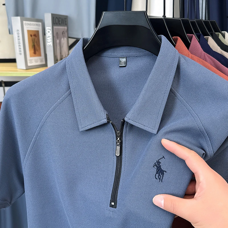 High-quality Short-sleeve Polo Shirt for Men, Summer Ice Silk Cool-feeling with A Collar and Zipper, Business Casual T-shirt