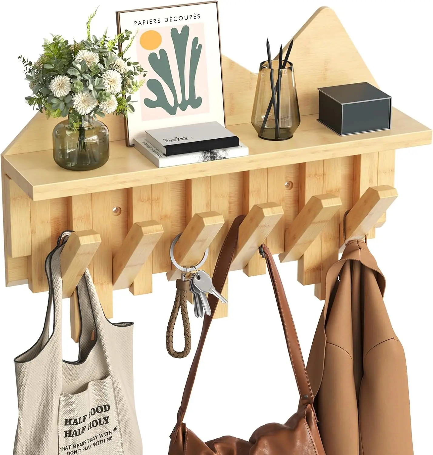 

Modern Wall-Mounted Coat Rack with Shelf and 6 Hooks, Space-Saving Bamboo Organizer for Entryway, Hallway, Living Room