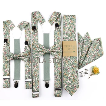Nowy kwiatowy bawełniany krawat 2,5 cm z szelkami 6,5 cm Hankie Men Kid Bow Set Green Flower Cravat Brace Straps Wedding Party Gift Accessory