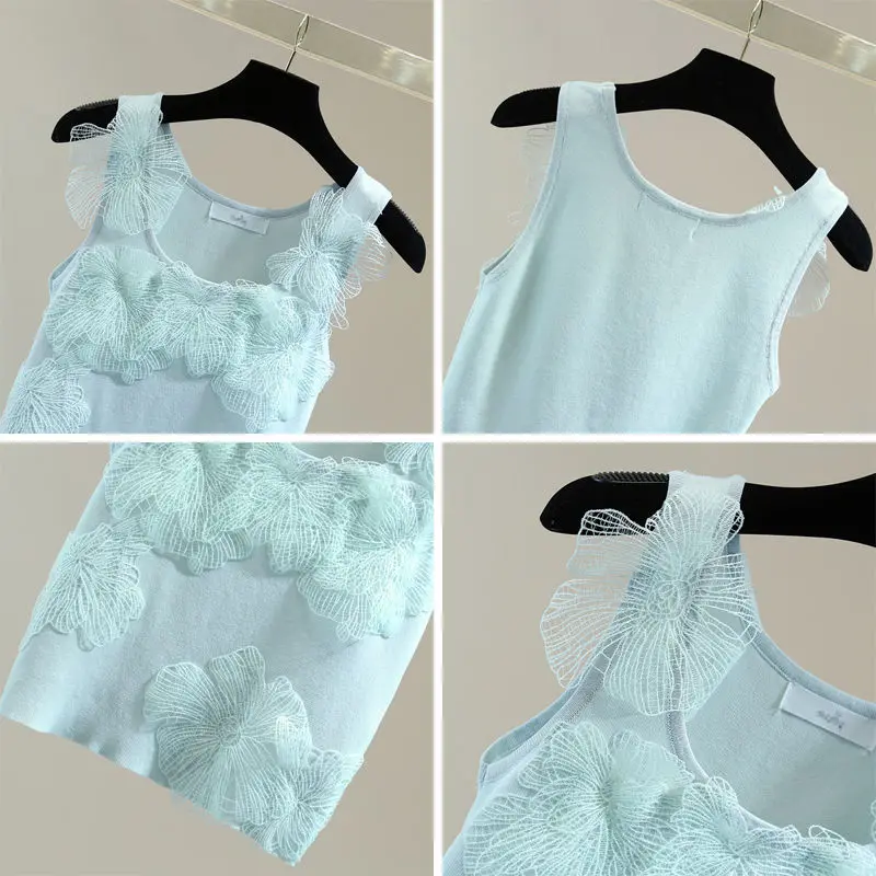 Embroidered Sleeveless Suspender Ice Silk Vest 2024 Summer Korean Version Embroidered Knit Tank Top