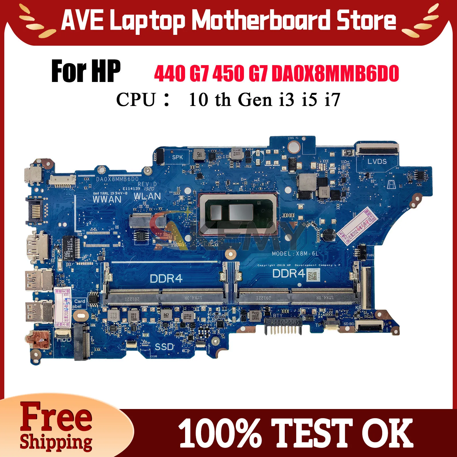 DA0X8MMB6D0 Laptop Motherboard For HP ProBook 440 G7 450 G7 With i3 i5 i7 10th Gen CPU L78085-601 L78083-601 100% Fully Tested