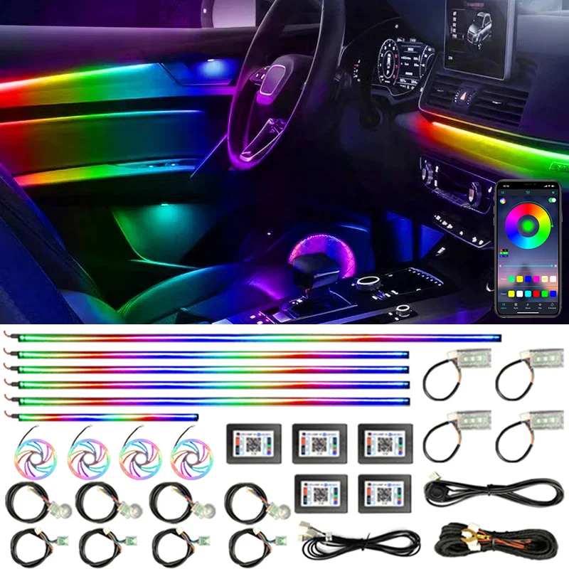 22 in 1 64 Color RGB Symphony Car Ambient Light Interior Acrylic Guide LED Strip Light Decoration Atmosphere Lamp by APP Control