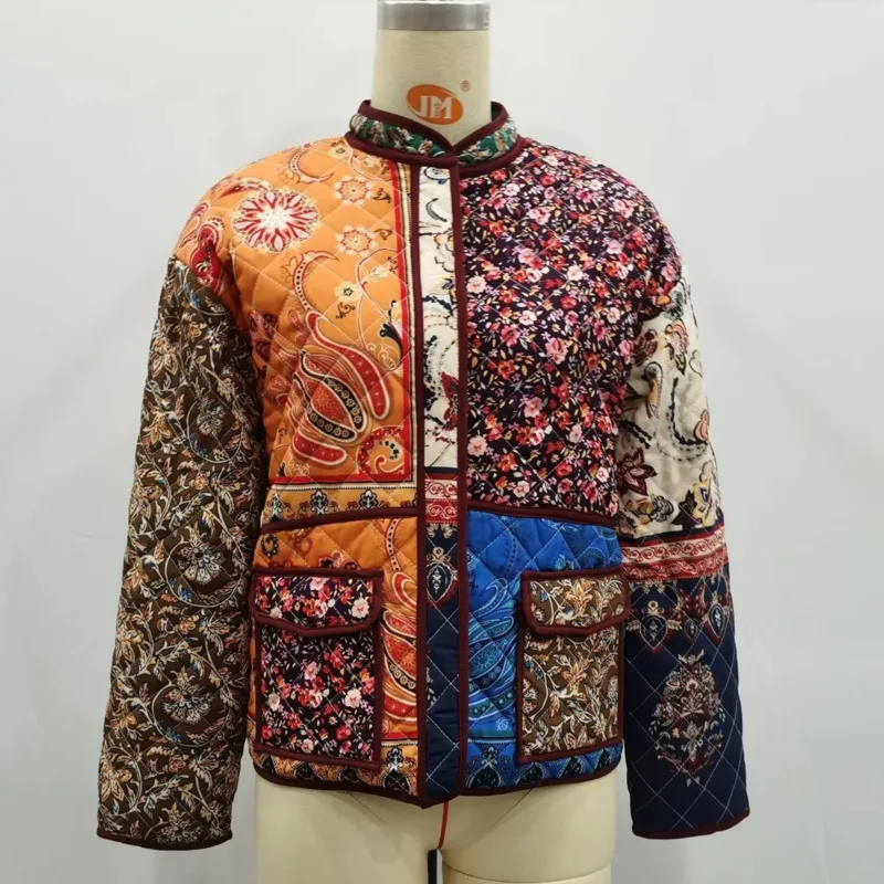 Women's Color-Block Patchwork Small Floral Cotton Jacket Women Patchwork Quilted Jacket Floral Print Padded Coat For Autumn P35N view 6
