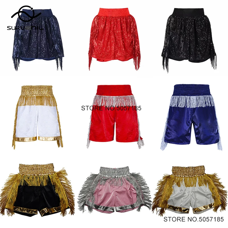 Muay Thai Shorts Tassels Sequins Boxing Shorts Women Men Child Boy Girl Gold Silver Gym Grappling Cage Fighting Kickboxing Pants