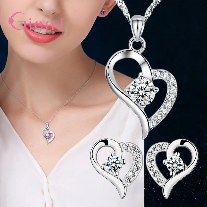 

Fashion Genuine 925 Silver Love Heart Jewelry Sets For Girls Engagement Party Bijoux Pendant Necklace Earring Set