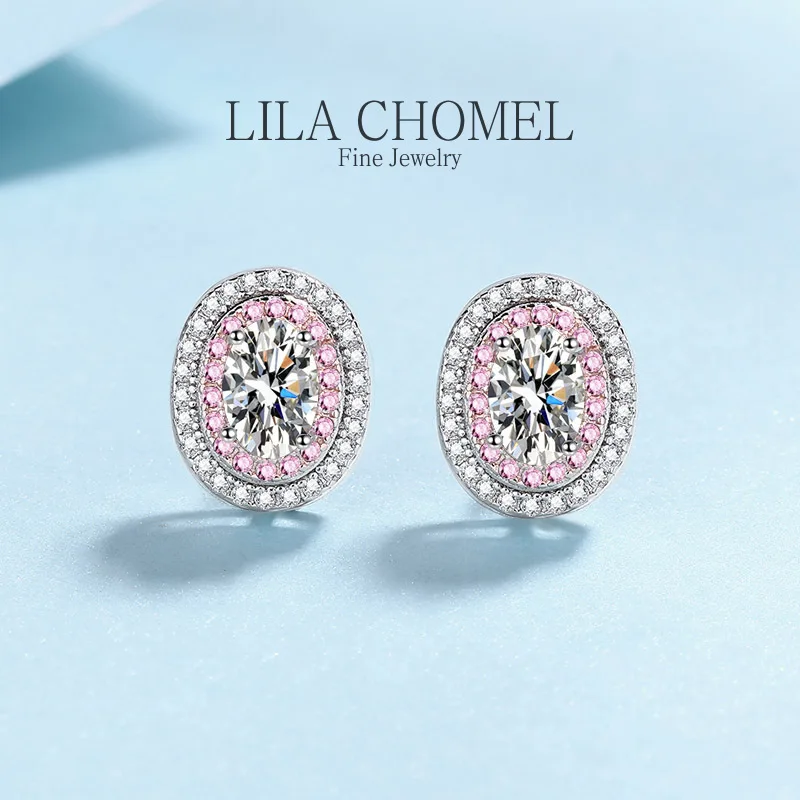 

Quality platinum PT950 D Color Moissanite 1carat Stud Earrings for Women Oval Design Sparkling Lab Diamond Pink Wedding Jewelry