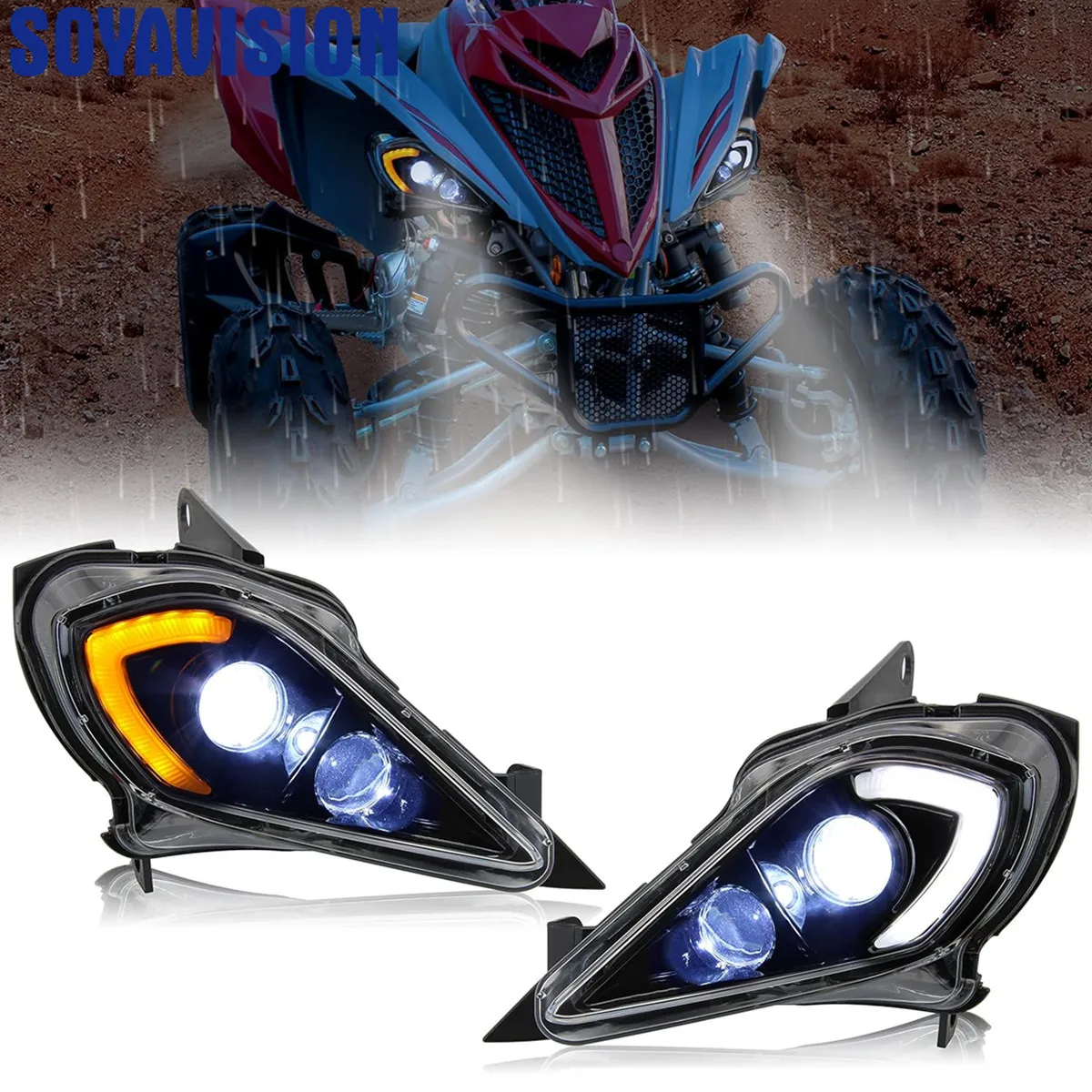 LED Headlights Assembly for Yamaha Raptor 700 700R YFZ450 YFZ450R YFZ450X Wolverine 450 350 LED Headlamp DRL Turn Signal Light