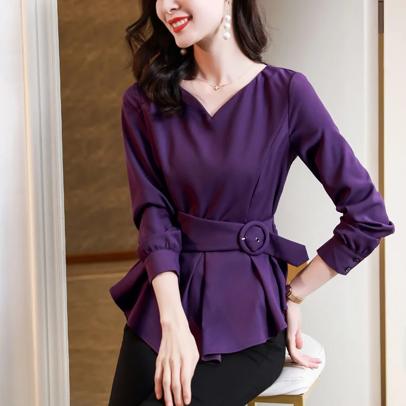 Women Fashion Lavender Purple Tops Female Chic Belt Waist Retraction Simple French Vintage Shirts Elegant Thick Blouse