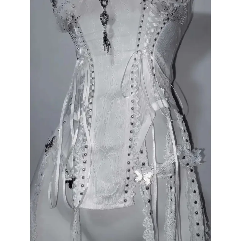 

CyTDH Heavy Industries Чистый белый готический черный ремешок ручной работы на шнурке с дизайном клетки для птиц, топ для выпрямления талии