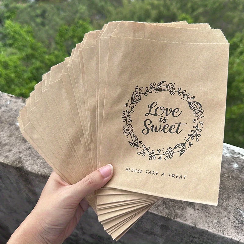 25 Stück 5 x 7 Zoll große Geschenktüten aus Papier – „Love is Sweet Please Take a Treat“-Blumenblatt-Design – elegante Hochzeit, Party