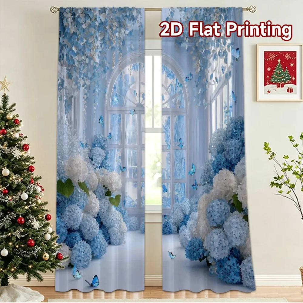 2D flat 2pcs Curtain French Romantic Style Blue Hydrangea Butterfly Garden Digitally printed polyester, colorfast Holiday