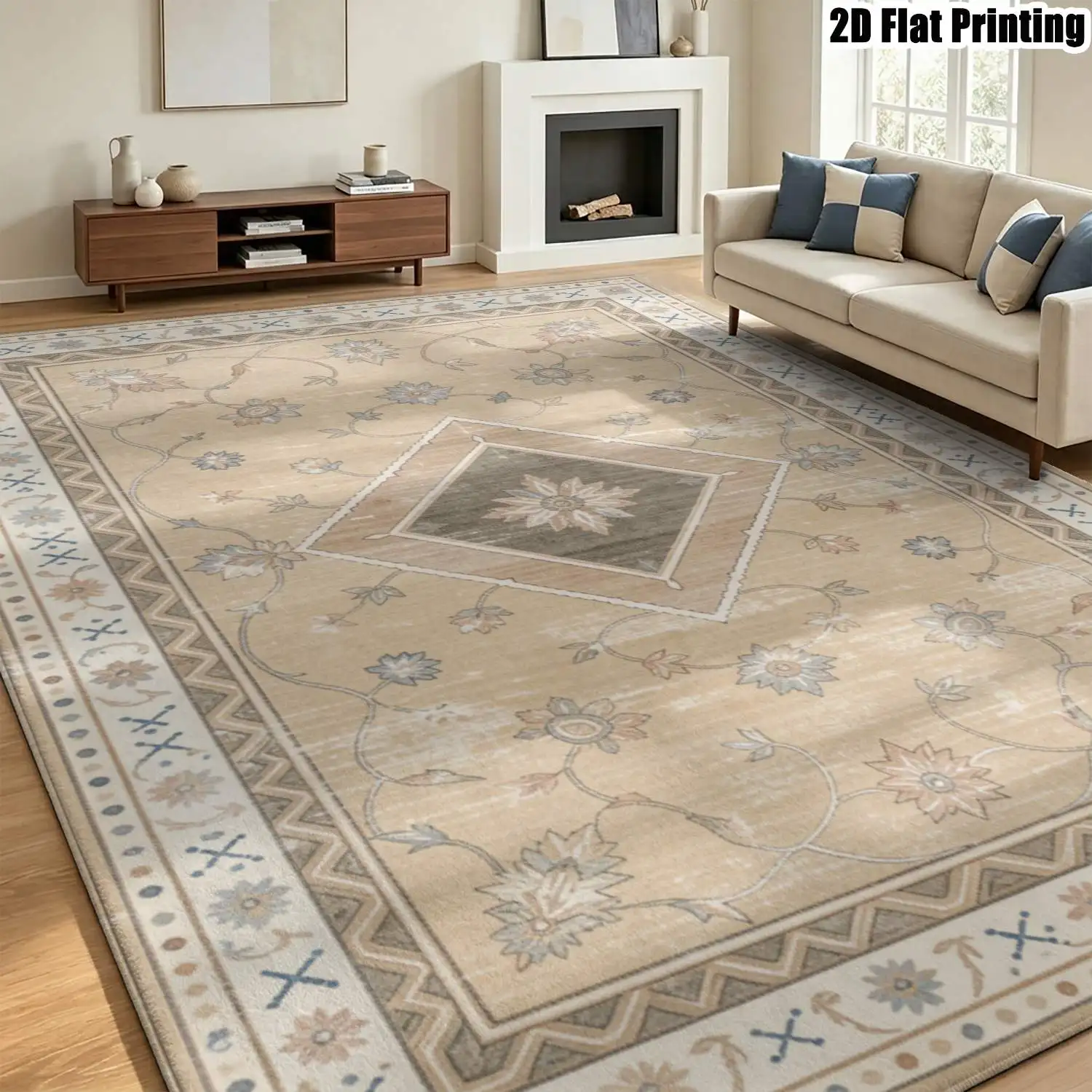1Pc 2D Printed Beige Retro Floral Carpet: European, Retro, Geometric Floral, Bohemian Style, Home Decor, Multi-Size, Machine Washable, for Living Room, Bedroom, Dining Room, Entrance, Study