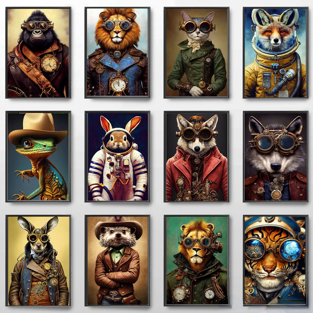 1pc frameless Canvas Painting Steampunk Cat Wolf Astronaut Rabbit Poster Art Canvas Painting Retro Funny Animal Tiger Gorilla Po
