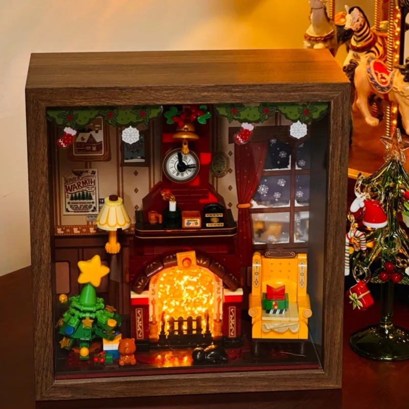 Ciepły Zimowy Kominek Klocki Konstrukcyjne Ramka na Zdjęcia Stereoskopowy Model Obrazu Zabawka Ozdoba na Biurko Prezent Świąteczny