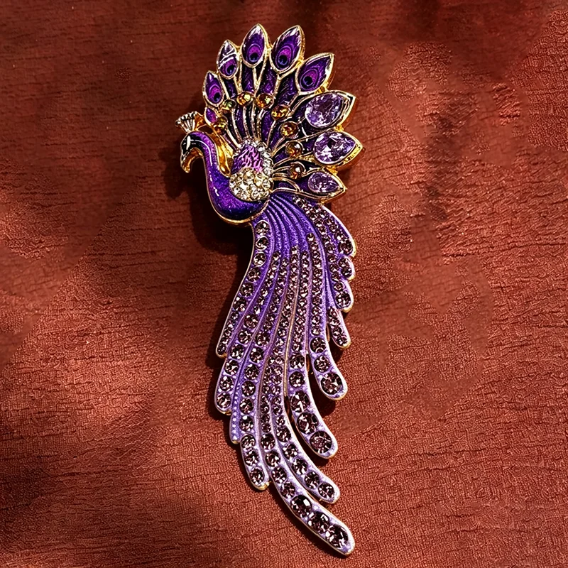 Luxury Large Peacock Brooch with Clear Rhinestones Gold Plated Enamel Bird Lapel Pin for Wedding Dress Scarf Decor