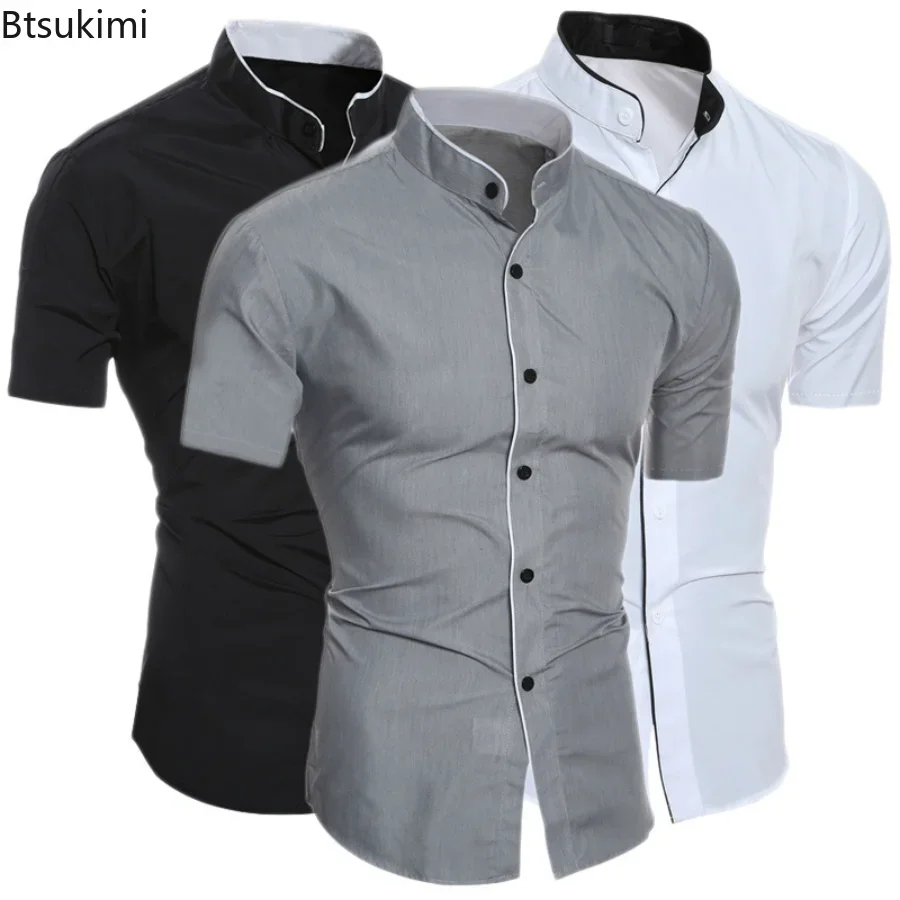 Camisas informales de verano para hombre, camisa de manga corta lisa con cuello levantado, blusa Formal de negocios a la moda, 2024