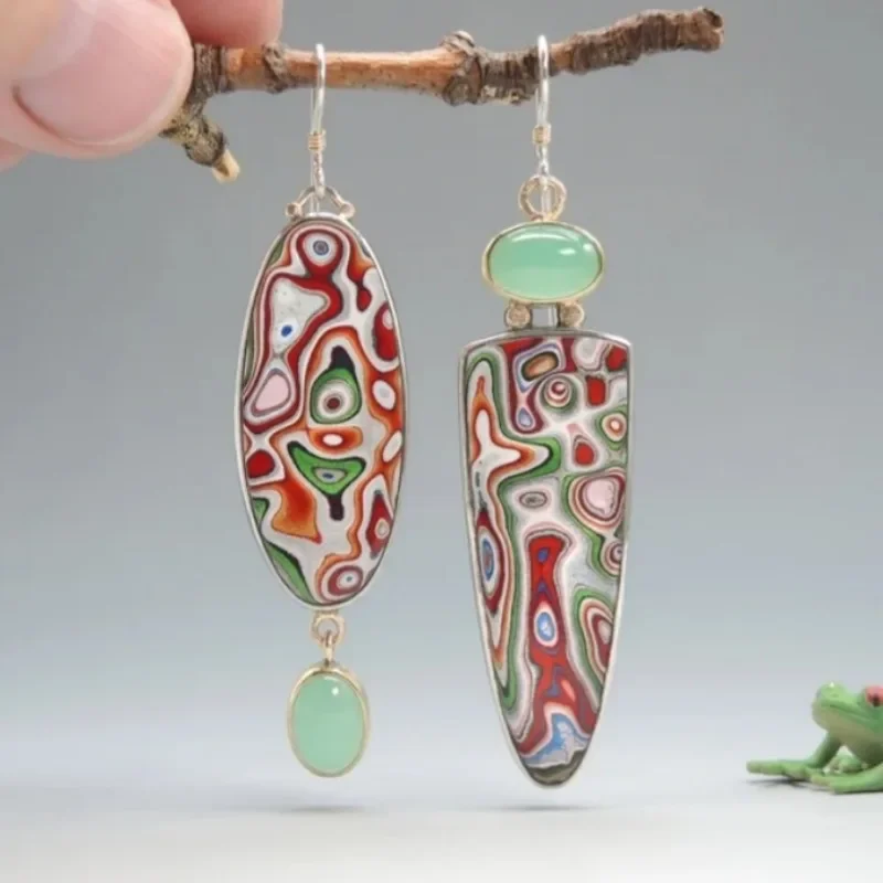 Fashion Bohemian Style Dangle Earrings Rectangular Imitation Stone For Women Personality Asymmetric Earrings Jewelry
