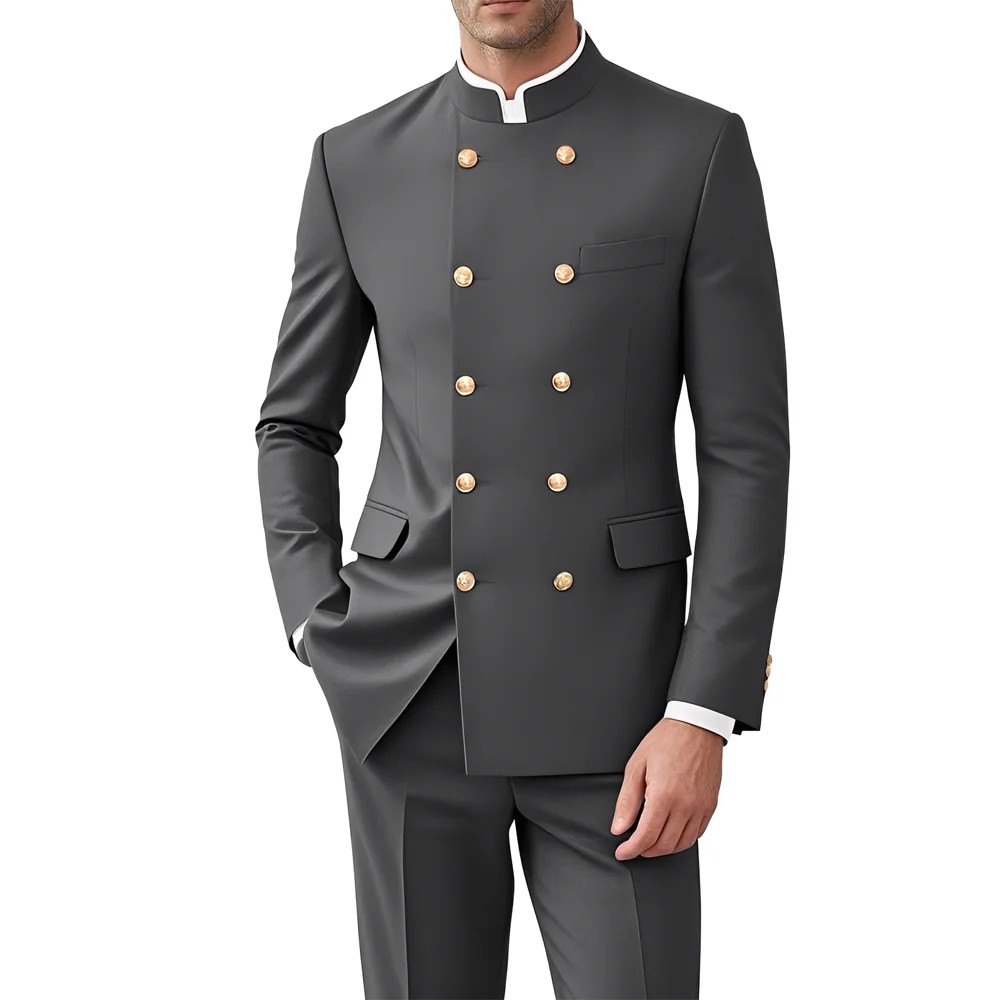 

Men 2 Pieces Chinese Tunic Suit Mandarin Collar Suits for Men Gold Button Jacket Pant Set Traditional Wedding