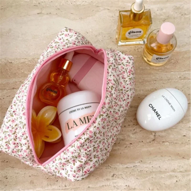 

Floral Print Soft Toiletry Makeup Bag Women Portable Square Travel Skincare Storage Organizer Zipper PU Leather Make Up Wash Bag