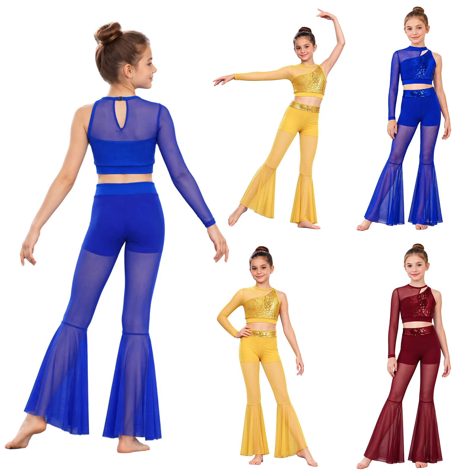 Kids Girls Lyrical Dance Costume Sequin Mesh Outfit Single Long Sleeve Crop Top with Bell-bottom Pants for Stage Performance
