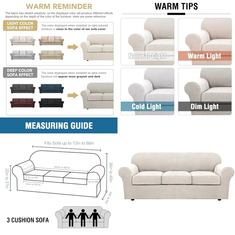 

4 Pcs Stretch Couch Covers for 3 Cushion Couch Sofa Furniture Slipcovers Feature Upgraded Thicker Jacquard Fabric Sofa