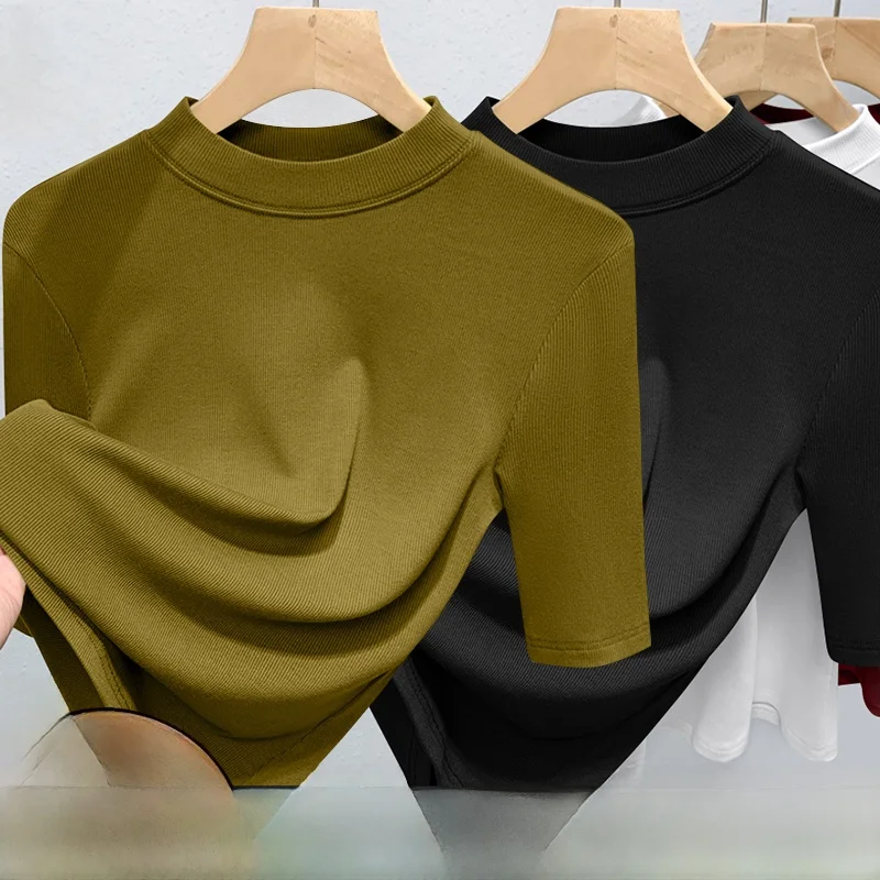 Women's Teaded T-irt Spring Autumn High End Mommy Wear Five Sve Color Base irt Inner Wear Top Korean Sle Com...