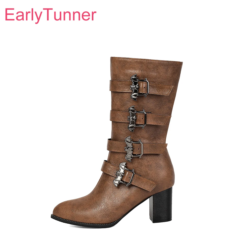 2026 Winter Mature Women Mid Calf Riding Boots Pointed Toe High Block Heel Lady Casual Shoes Large Plus Size 12 45 48