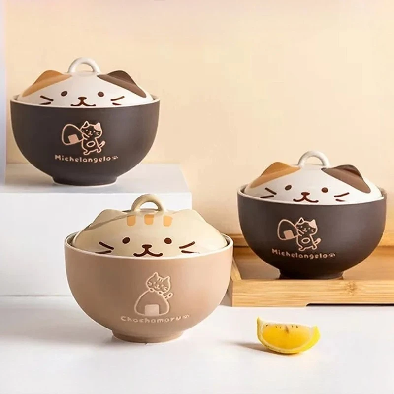 550ml Cartoon Cat Ceramic Instant Noodle Bowl With Lid Underglaze Color Soup Salad Bowl Kitchen Office Student Lunch Box