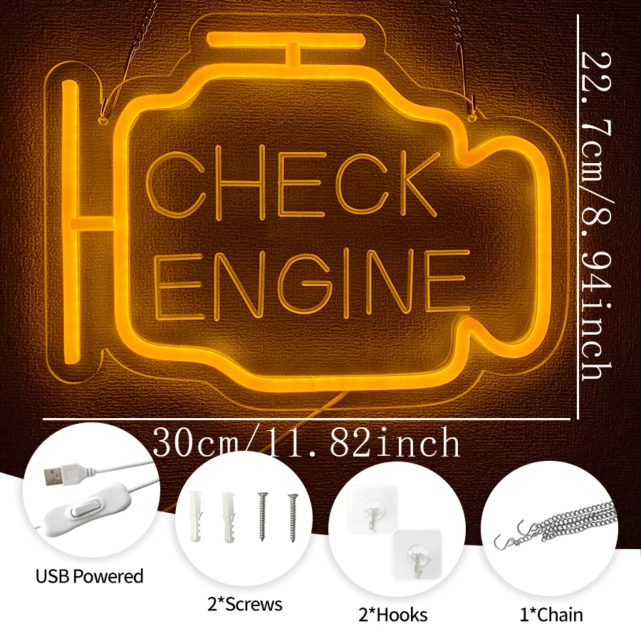Check Engine Led Neon Sign, Used For Garage, Auto Repair Shop, Machinery Workshop Decor, Interesting Gift For Dad And Autobots.