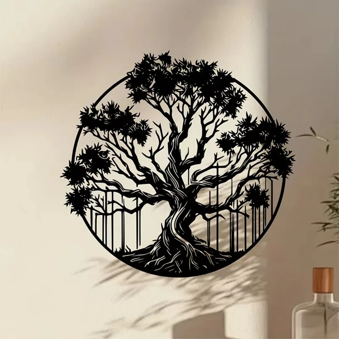 CIFBUY 1pc Tree Silhouette Circular Metal Wall Art, Geometric Black Iron Sculpture, Powder-Coated Rustproof Waterproof Hanging